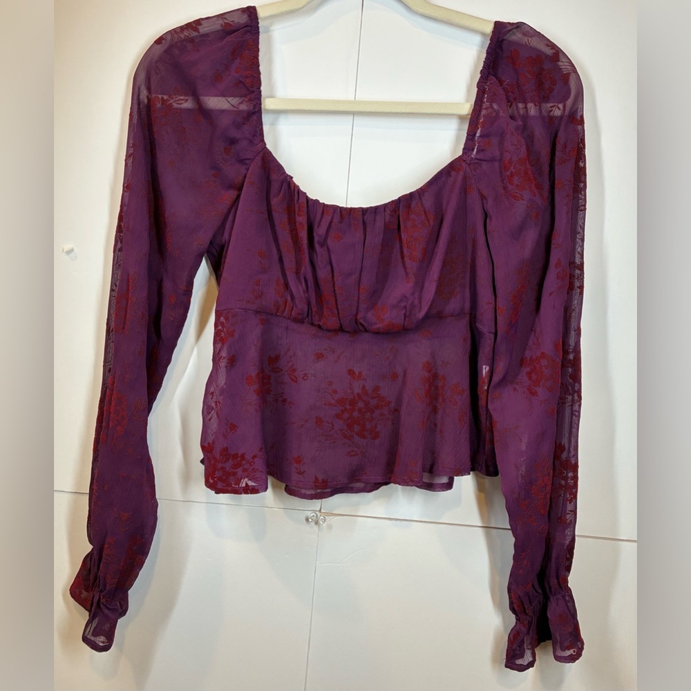 Forever 21 Purple Floral Square-Neck Floral Long Sleeve Peasant Blouse Size Med